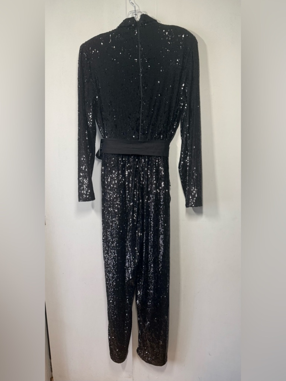 Express Elegant, Glamorous Black Evening Sequin Long-Sleeve Jumpsuit with Sash - Picture 5 of 6